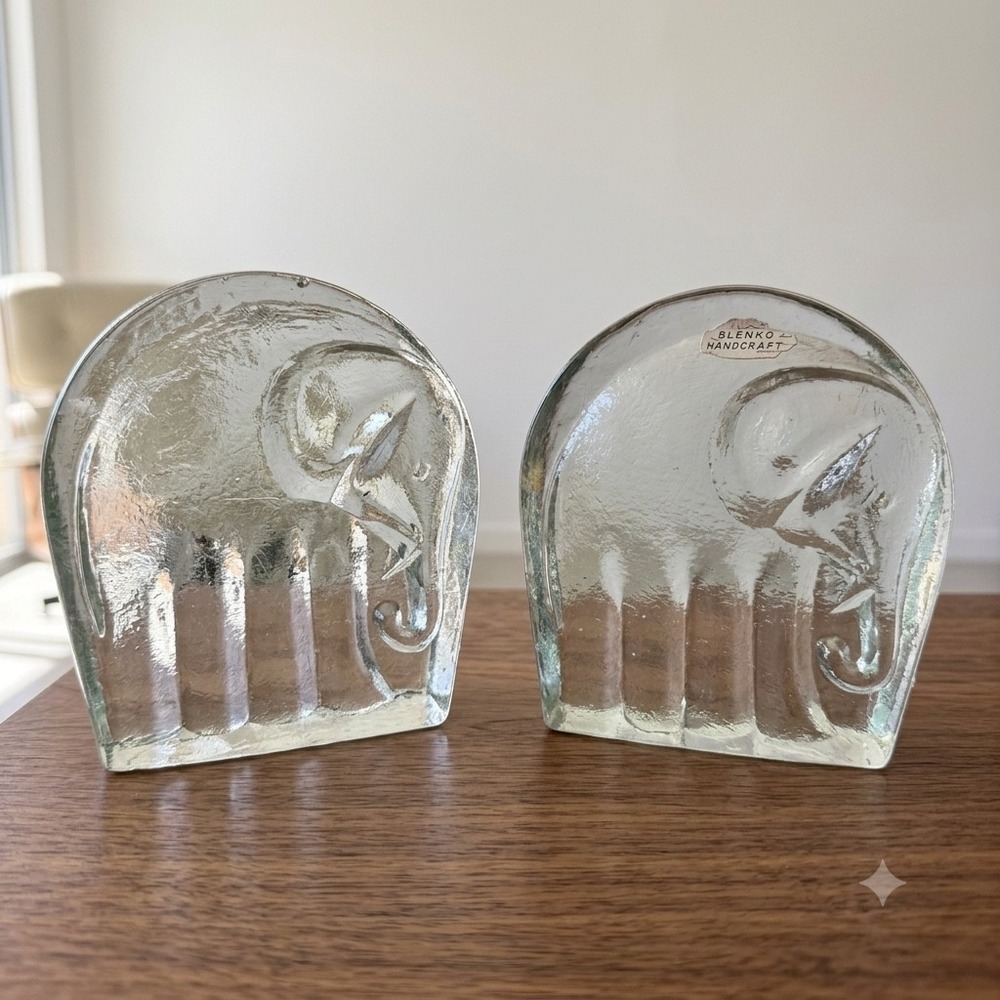 Blenko 699A Elephant Glass Bookends Pair‎ with Original Stickers